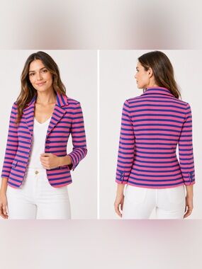 Tulle Red & Navy Striped Knit Blazer Jacket Small Preppy Nautical
